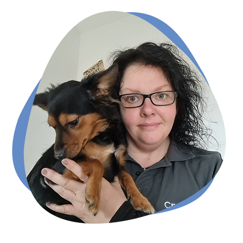 Frau hält ihren Hund auf dem Arm